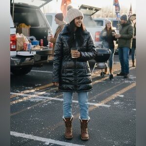 Women's Guess Black Zip up Puffer Coat w/knitted collar & waist design A-124